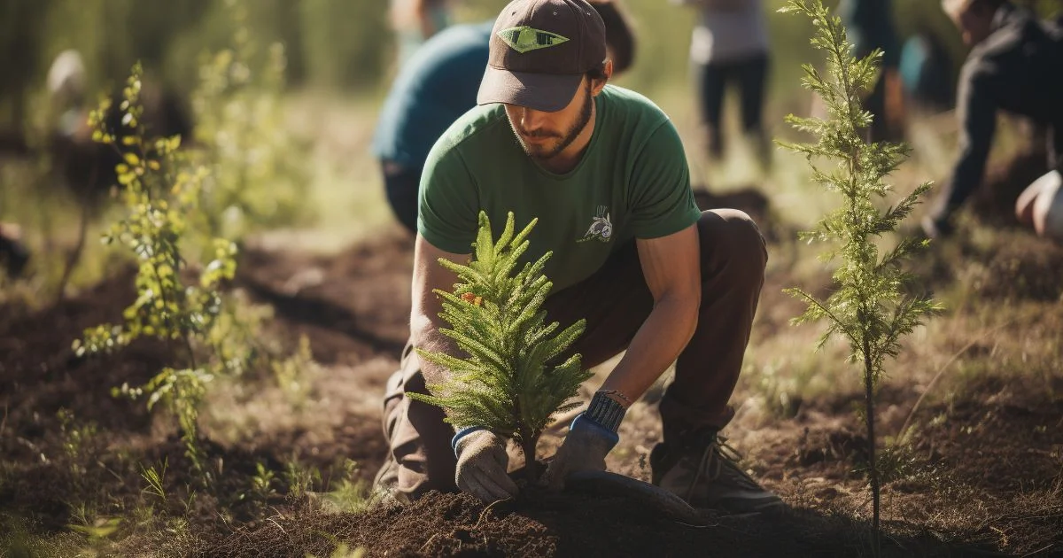 Man planting small tree in forest area